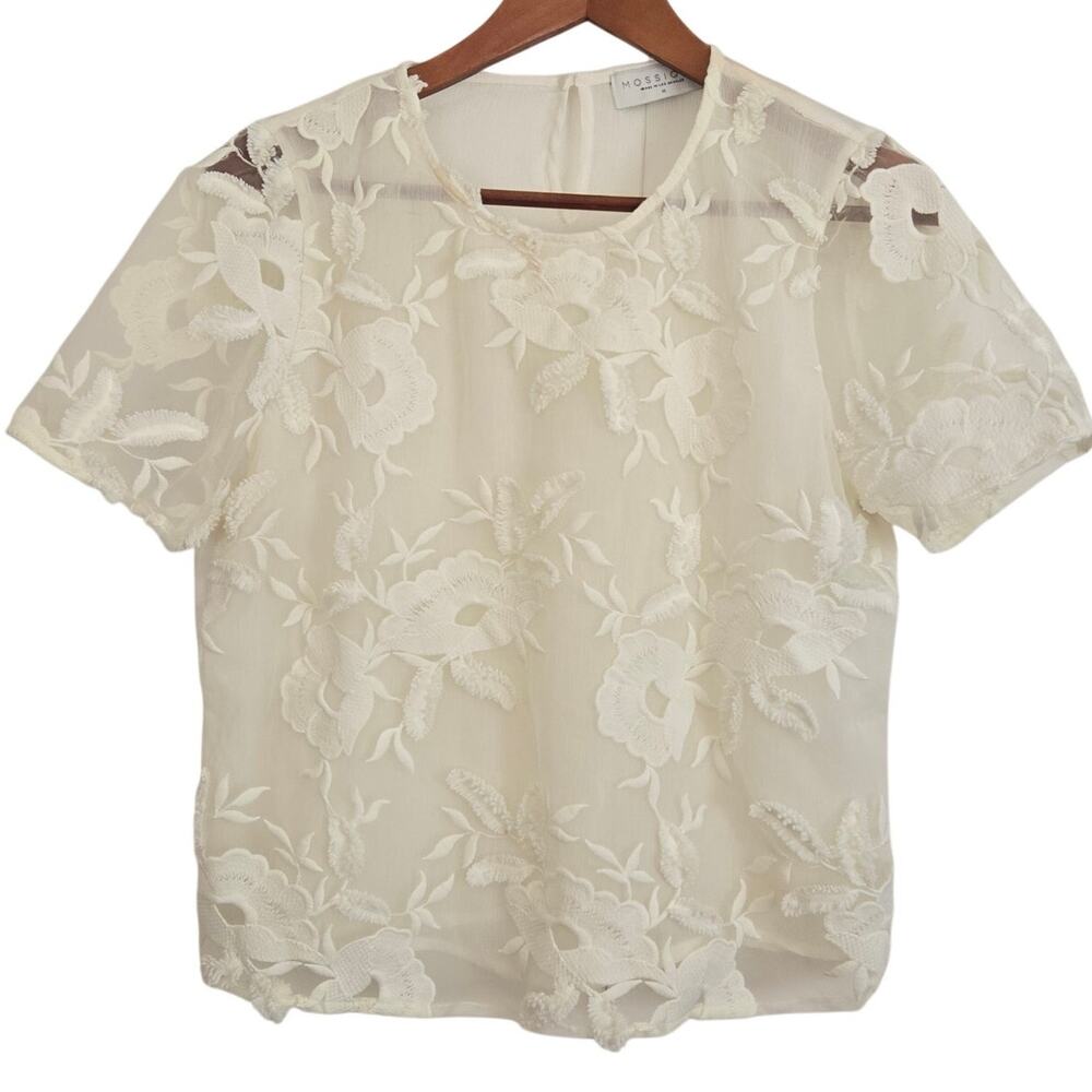 Intricate Embroidered Floral Pattern Short Sleeve Sheer Cottagecore Top Medium